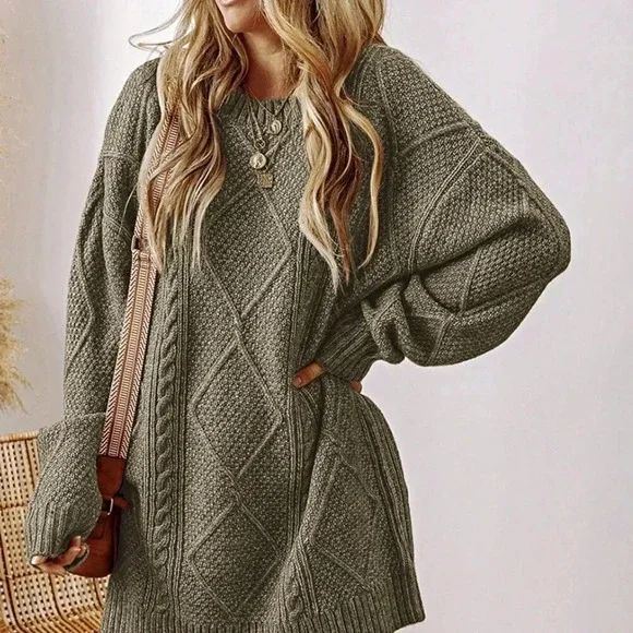 Green Casual Women's Cozy Cable Knit Drop Shoulder Loose Fit Sweater - Picture 1 of 4